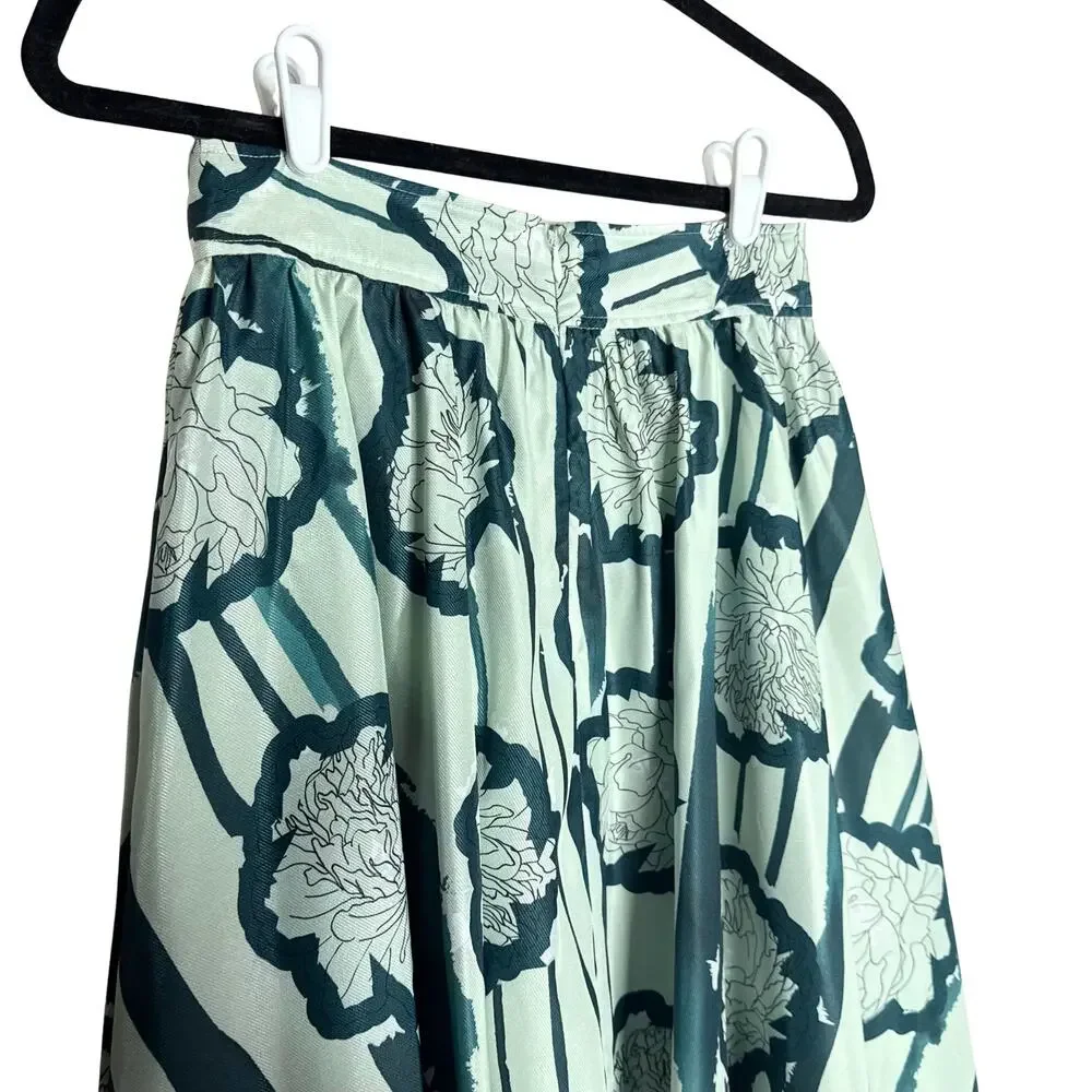 Anthropologie Troubadour Waterlily Floral Striped Circle Skirt 4P Green Workwear
